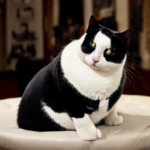 Prompt: photograph of a very fat and judgmental cat wearing a full tuxedo sitting in a dimly lit parlor lounge