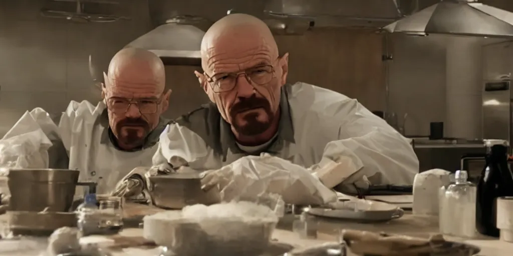 Prompt: walter white from breaking bad in avengers : endgame cooking meth, 8 k, highly realistic, hyperdetailed, cinematic canon lens