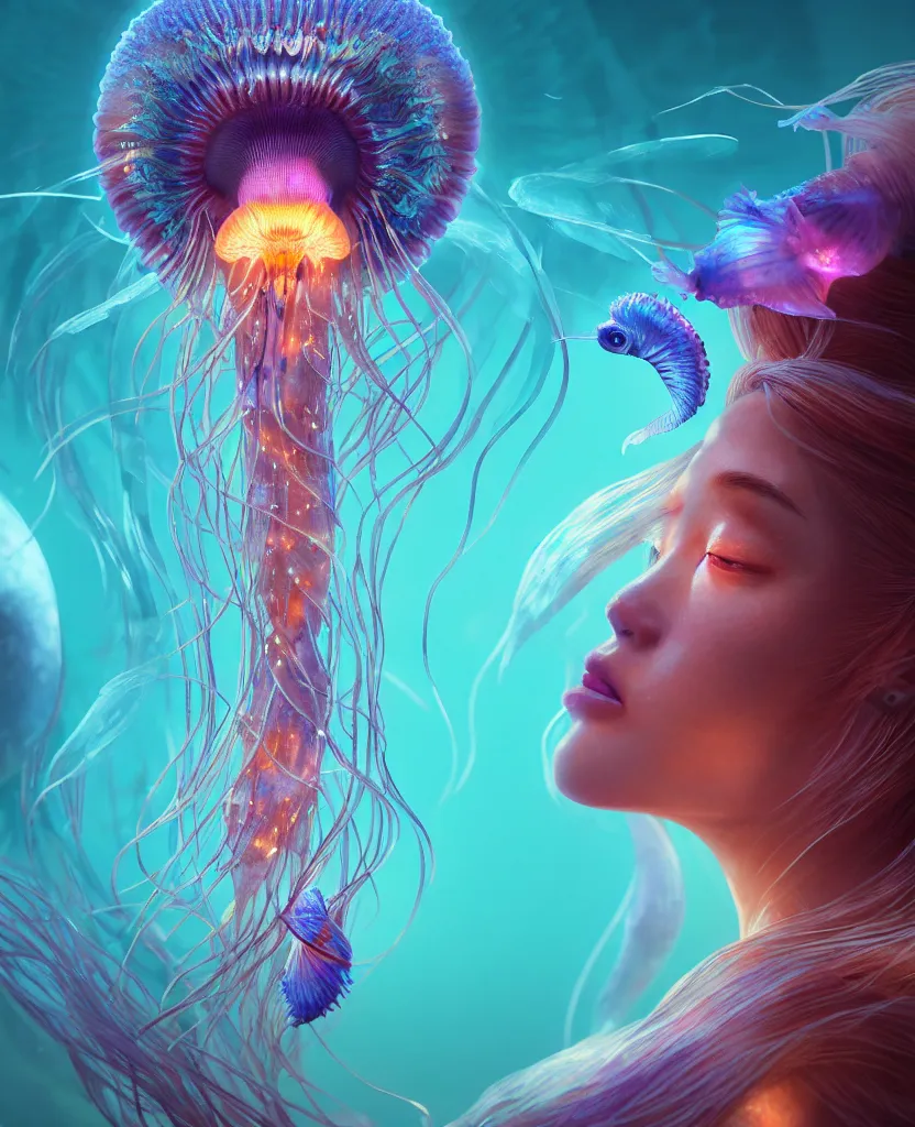 Image similar to goddess close-up portrait. jellyfish phoenix head, nautilus, orchid, skull, betta fish, bioluminiscent creatures, intricate artwork by Tooth Wu and wlop and beeple. octane render, trending on artstation, greg rutkowski very coherent symmetrical artwork. cinematic, hyper realism, high detail, octane render, 8k