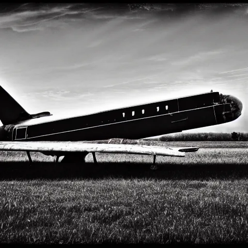 Image similar to black and white press photograph of a rusted abandoned business jet airplane, full view, detailed, natural light, mist, film grain, soft vignette, sigma 5 0 mm f / 1. 4 1 / 1 0 sec shutter, imax 7 0 mm footage