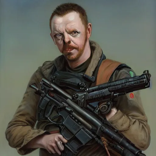 Image similar to portrait painting of smiling simon pegg with a rifle, ultra realistic, concept art, intricate details, eerie, highly detailed, photorealistic, octane render, 8 k, unreal engine. art by artgerm and greg rutkowski and alphonse mucha