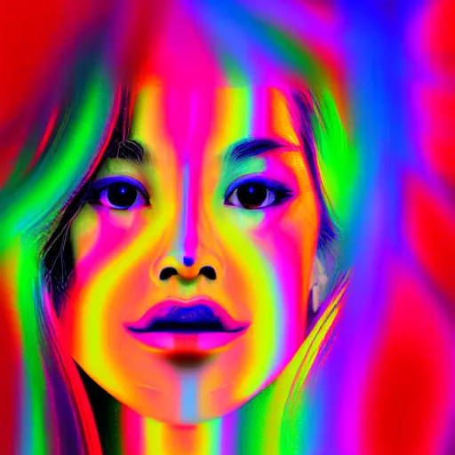 Image similar to a digital painting of a woman's face with colorful lights in the background, a hologram by li shida, featured on pixiv, holography, irridescent, holographic, psychedelic