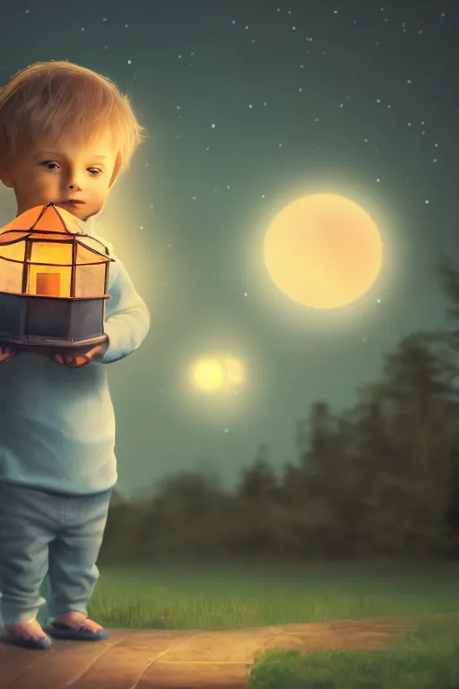 Image similar to a little boy carrying lantern at night, cute cat sits beside, photorealistic face and skin tones, dreamy moonlit nightscape by the garden, lake house, smooth, matte colors, trending on artstation, 4 k, 8 k