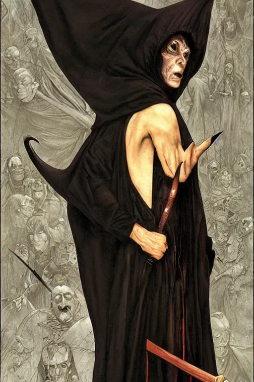 Image similar to a vampire wearing a long black robe with large bat ears huge black eyes and gray skin, character art, painting by james c christensen