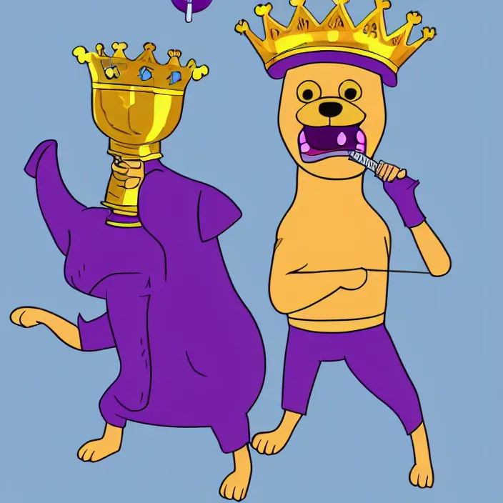 Image similar to a digital drawing of an anthropomorphic dog wearing a purple hoodie and a crown, smashing a golden trophy with a baseball bat. in the style of bojack horseman. lisa hanawalt