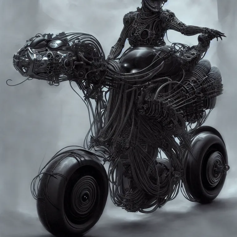 Prompt: spinal ribbed black futuristic cyberpunk motocycle motorbike, concept art, beautiful intricate insanely detailed octane render, artstation, 8 k artistic photography, photorealistic, volumetric perfect light, chiaroscuro, raphael, caravaggio, beksinski, rutkowski, giger