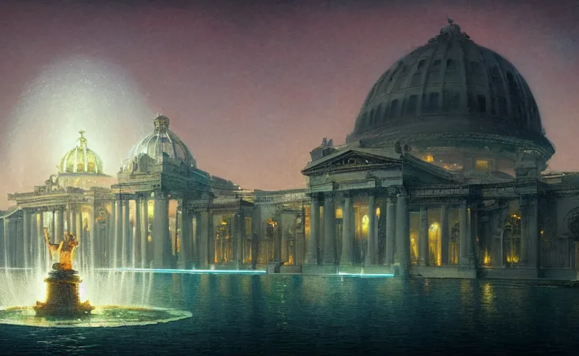Prompt: Neoclassical building with dome in the middle lake, next to a fountain and a mystical palace, illustrated by Greg Rutkowski and Gaston Bussiere, 35mm lens, beautiful macro close-up imagery, vibrantly lush neon lighting, beautiful volumetric-lighting-style atmosphere, a futuristic atmosphere, intricate, detailed, photorealistic imagery, trending on artstation, 4k, 8k
