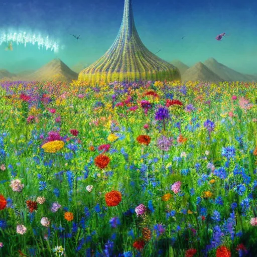 Image similar to i am flying towards the city of flowers, arms outstretched, birds fly beside me, towering flowers, translucent petals, spiral settlement on stem, riding the seed pod, beautiful textured lighting, water nozzles spraying mist, sunlight reflecting through water, global illumination, dappled lighting, high sharpness, subtle aperture gradient, style of albert bierstadt