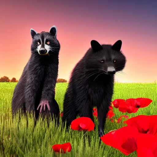 Image similar to a closeup photorealistic photograph of a two different black adult cats sitting on 4 paws next to big a black and white adult racoon in a field of poppy with a red sunset in the background. This 4K HD image is Trending on Artstation, featured on Behance, well-rendered, extra crisp, features intricate detail and the style of Unreal Engine.