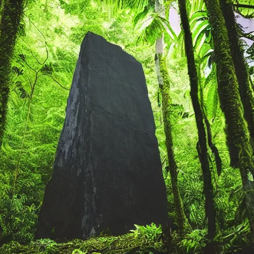 Prompt: a black monolith in the rainforest