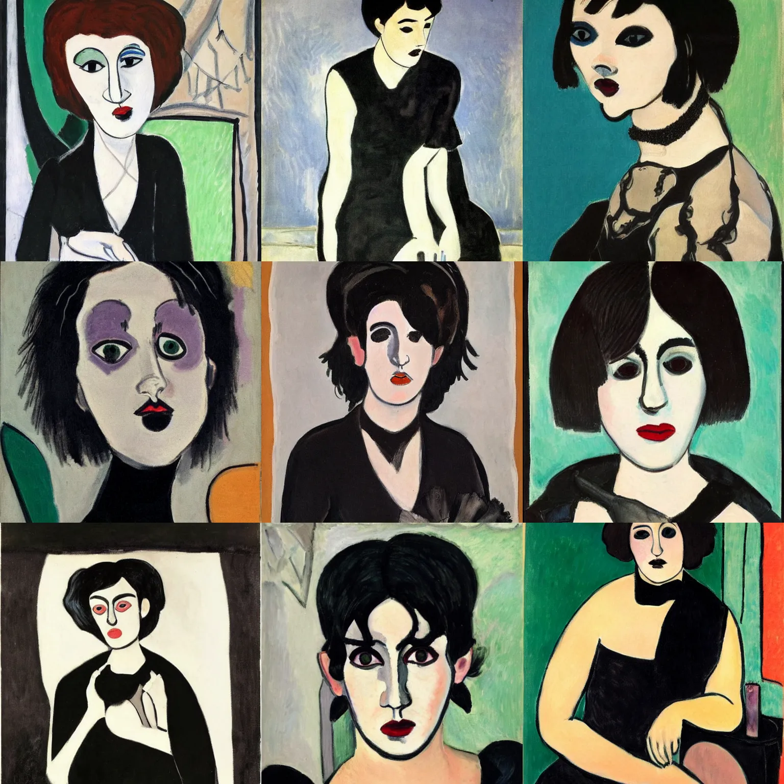 Prompt: A goth portrait painted by Henri Matisse. Her hair is dark brown and cut into a short, messy pixie cut. She has a slightly rounded face, with a pointed chin, large entirely-black eyes, and a small nose. She is wearing a black tank top, a black leather jacket, a black knee-length skirt, a black choker, and black leather boots.