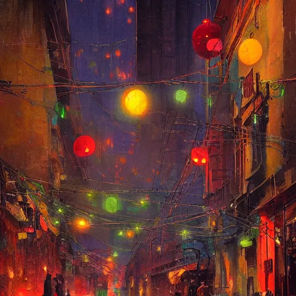 Image similar to Downtown Mexico, string lights, colorful lighting, night, by Tooth Wu, by Lienzo Óleo Paisaje, by Greg Rutkowski