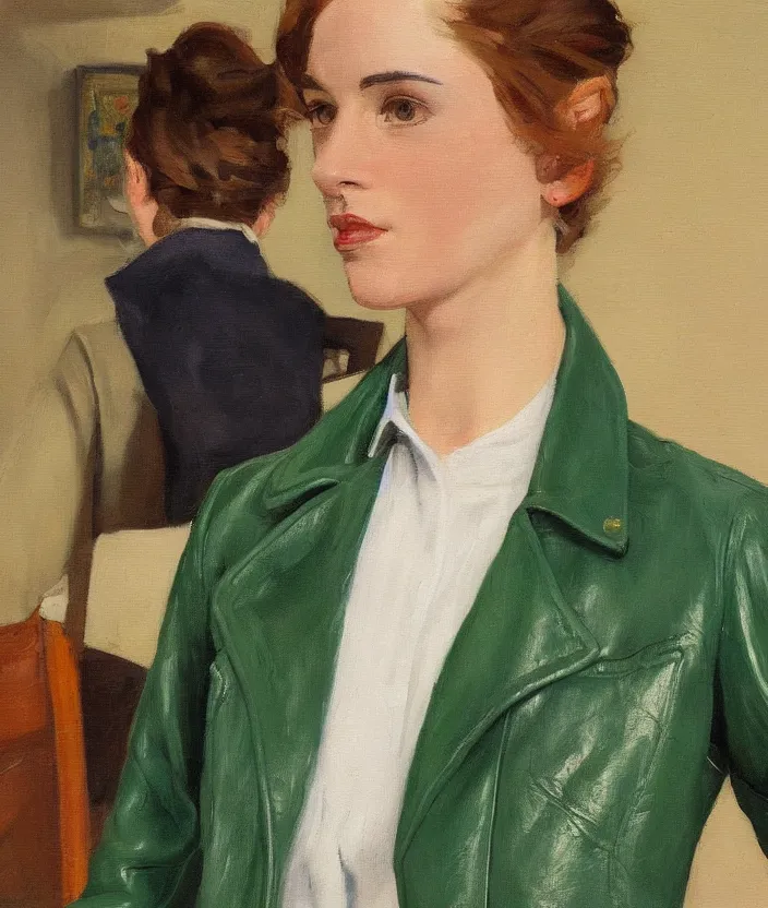 Image similar to a very detailed painting of an 8 0 s jacket with big shoulder pads, very aesthetic leather jacket, detailed closeup of leather jacket, front view, in the style of edward hopper and oswald hornby joseph birley and susan ryder, very small brushstrokes, 4 k,