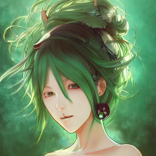 Image similar to hatsune miku short hair, anime style, hyper detailed, light green dress, illustration, digital painting, art by artgerm and greg rutkowski and alphonse mucha, high delicate defined details, anime stylized, highly detailed, realistic, sharp focus, styled by rhads