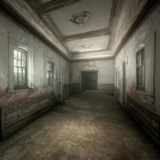 Image similar to walking through the inside of a haunted asylum, detailed, cinematic, unreal engine