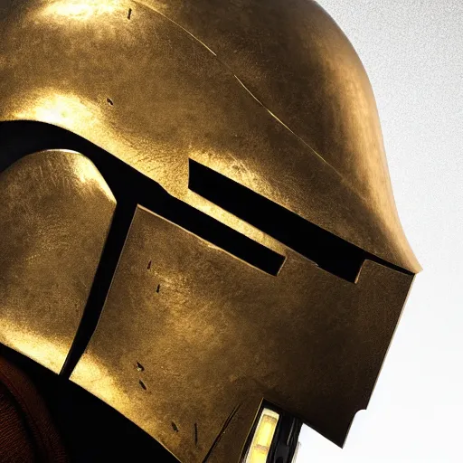 Image similar to realistic crusader helm design inspired by star wars, epic scale, character concept art, face symmetry, intricate accurate details, artstation trending, octane render, cinematic color grading, soft light, rule of thirds, golden ratio, like a professional model, cinematic, 8 k, clear.