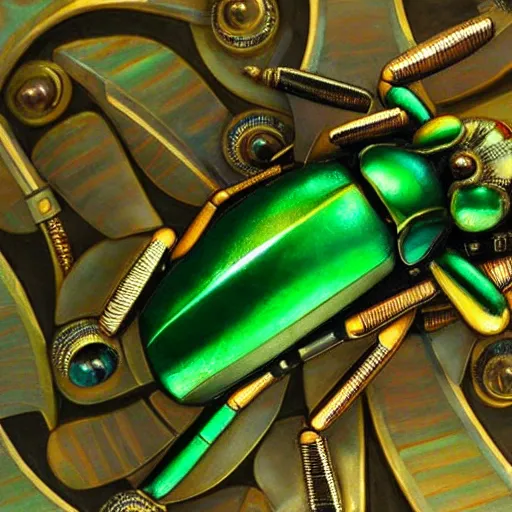 Image similar to a close up of a green and gold bug, an art deco sculpture by louis comfort tiffany, trending on cgsociety, cloisonnism, made of insects, steampunk, art deco