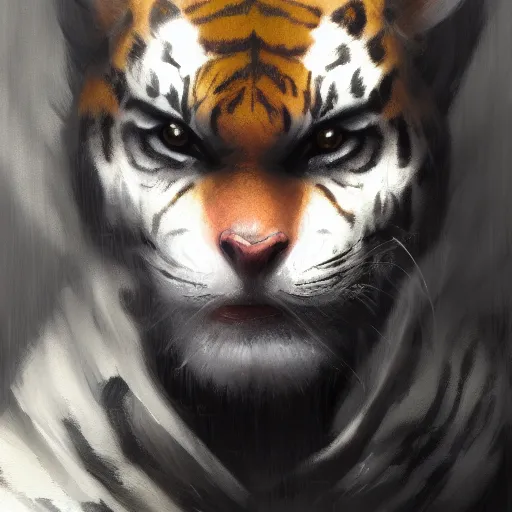 Image similar to portrait male anthro tiger dressed in military clothes character full body precis no blur, concept art, character sheet, nier automata, gaston bussiere, greg rutkowski, tsutomu nihei, cyberpunk, trending on artstation, featured on pixiv, hyper detail, cinematic composition, 8 k