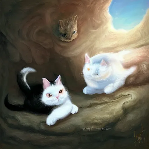 Prompt: a black and white cat and a calico cat sleeping peacefully together in cat heaven, puffy clouds, dreamy, painted by Tyler Edlin