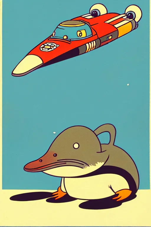 Image similar to by richard scarry. a platypus driving an x - wing. a 1 9 5 0 s retro illustration. studio ghibli. muted colors, detailed