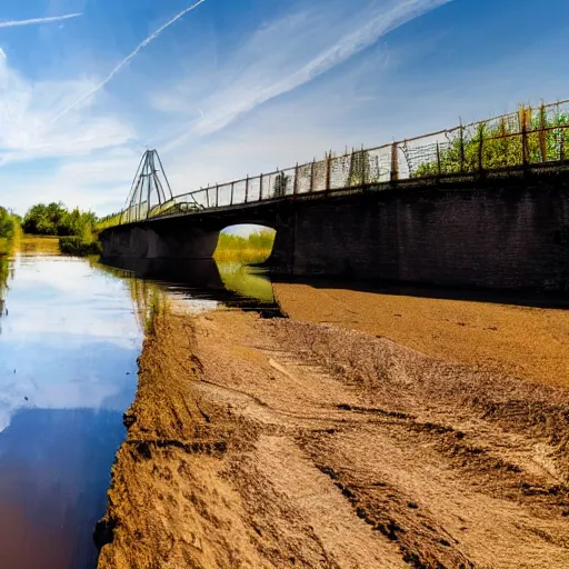 Image similar to drought of the river nearby nijmegen with a bridge over the river and single bike standing in the middle of the dried up river, picture, 4 k, realistic, sunny weather, blue sky