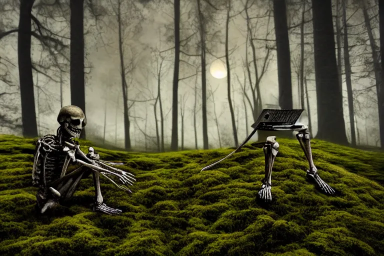 Image similar to a burning with fire human skeleton sitting behind computer, overgrown with moss, in foggy forest, at night with moon light, dark atmosphere, dark fantasy, highly detailed