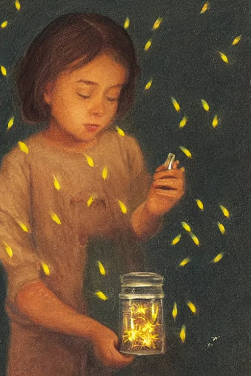 Prompt: little girl holding a jar full of fireflies, highly detailed,