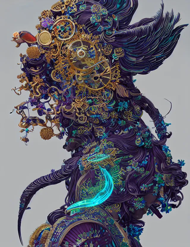 Image similar to 3 d goddess close - up profile solarpunk portrait ram skull. beautiful intricately detailed japanese crow kitsune mask and clasical japanese kimono. betta fish, jellyfish phoenix, bio luminescent, plasma, ice, water, wind, creature, artwork by tooth wu and wlop and beeple and greg rutkowski