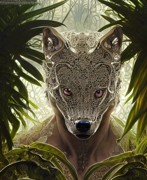 Image similar to exquisite, intricate ornate opulent transparent clear see - through portrait of a terrifying beautiful male alien wolf, mottled coloring, adorable, childlike, overgrown jungle environment, ultra realistic, concept art, art nouveau, photorealistic, octane render, 8 k, unreal engine. art by christopher marley and artgerm and greg rutkowski and alphonse mucha