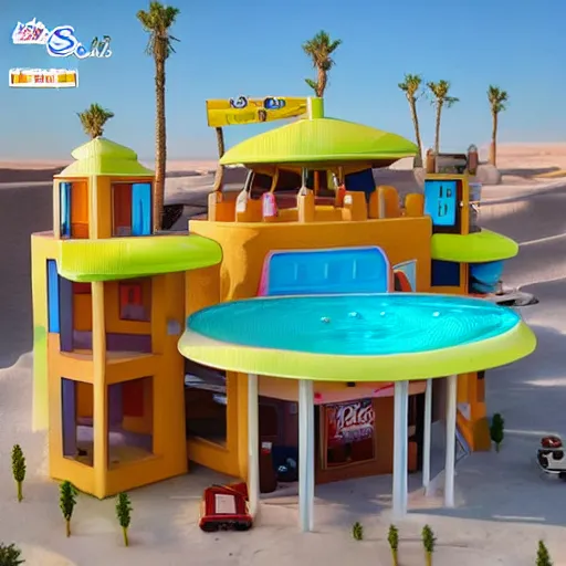 Image similar to baby toy style hotel in the dessert, big scale