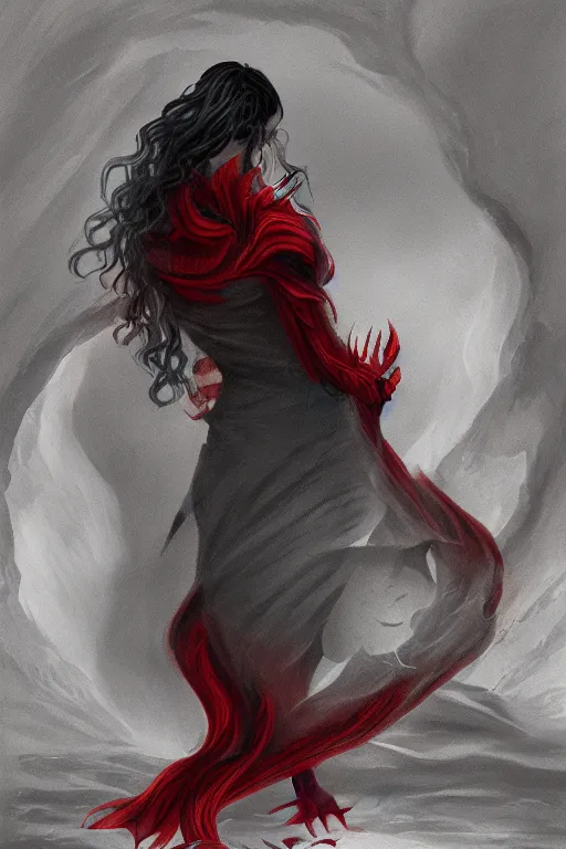 Prompt: back view of a curly long black haired woman wearing grey hoodie discovering a red dragon in a cave, digital art, trending on artstation, fantasy painting