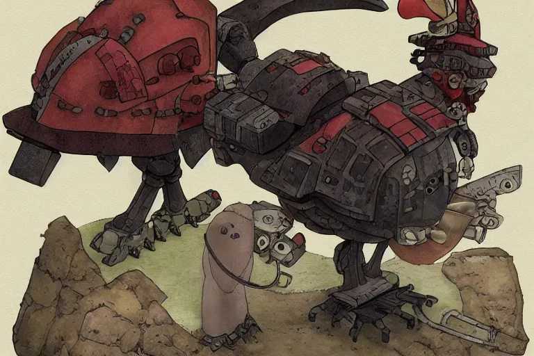 Image similar to heavily armoured mechanical chicken by studio ghibli