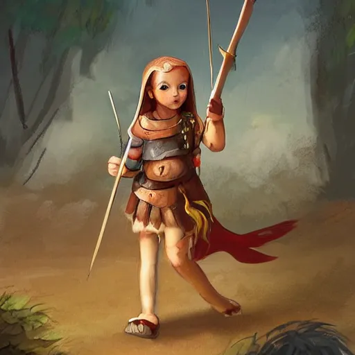 Image similar to a female child warrior holding a spear and riding a giant fox into war, digital art, concept