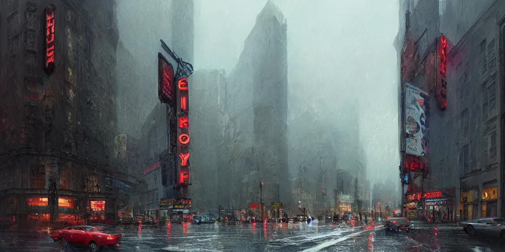 Prompt: an old cinema, new york, rainy day, matte painting, marc simonetti, artstation