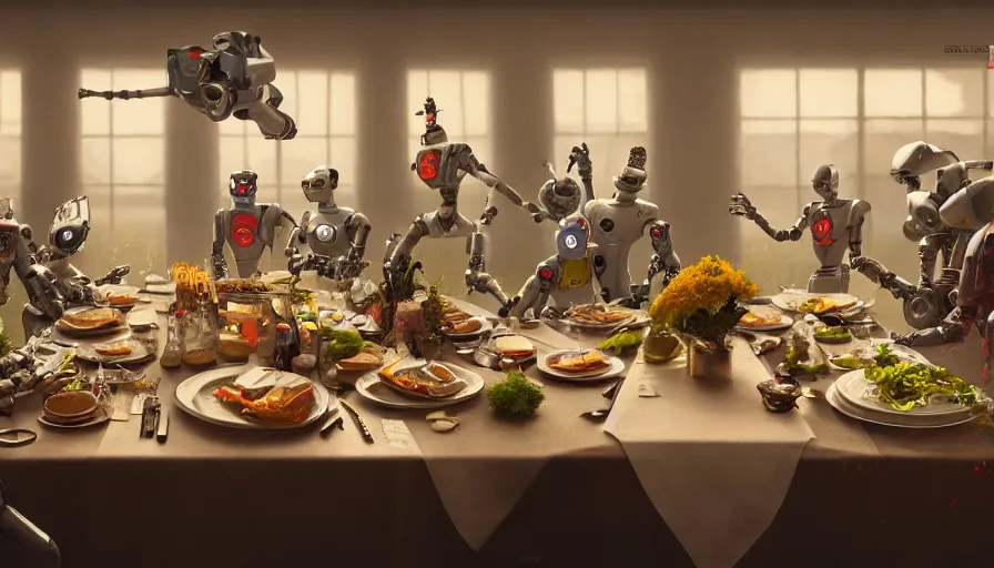 Image similar to a table dinner of robots where robots are dressed like the characters from the midsommar movie, cinematic, hyperdetailed, octane render, trending on art station, ultrarealistic