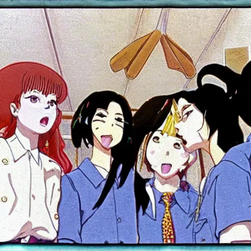 Image similar to screenshot from guro anime, 8 0's horror anime, yellowed grainy vhs footage with noise, four schoolgirls trapped in a bathroom, bathroom stalls and sinks and tiled floor, girls are in beige sailor school uniforms, one girl has white hair, detailed expressive faces, various hair colors and styles, in the style of studio ghibli,