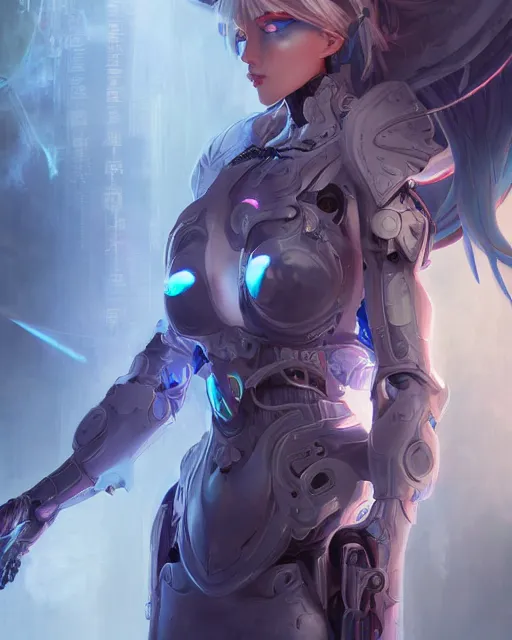 Image similar to holy cyborg necromancer girl, elegant, scifi, futuristic, utopia, garden, illustration, atmosphere, top lighting, blue eyes, white hair, focused, artstation, highly detailed, art by yuhong ding and chengwei pan and serafleur and ina wong