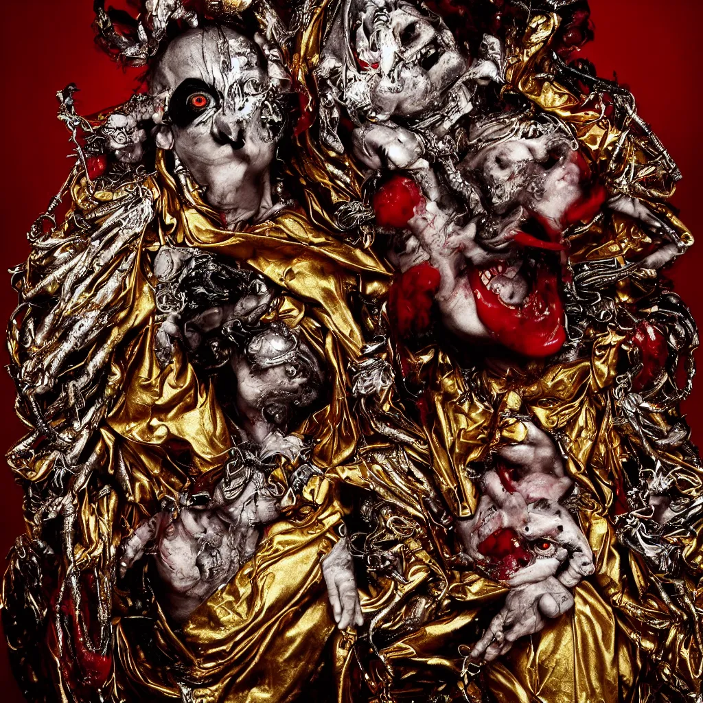 Prompt: award winning photo of supreme demon spirit, draped in shiny gold and silver, puking blood, red eyes wide open, finland, birds, rats, religious, mysticism, vivid colors, calm, symmetrical face, beautiful eyes, studio lighting, art by sally mann & arnold newman & roger ballen