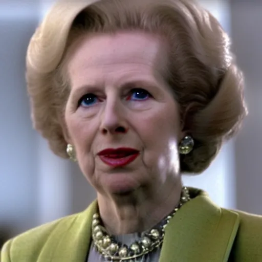 Prompt: A movie still of Margaret Thatcher in The Matrix