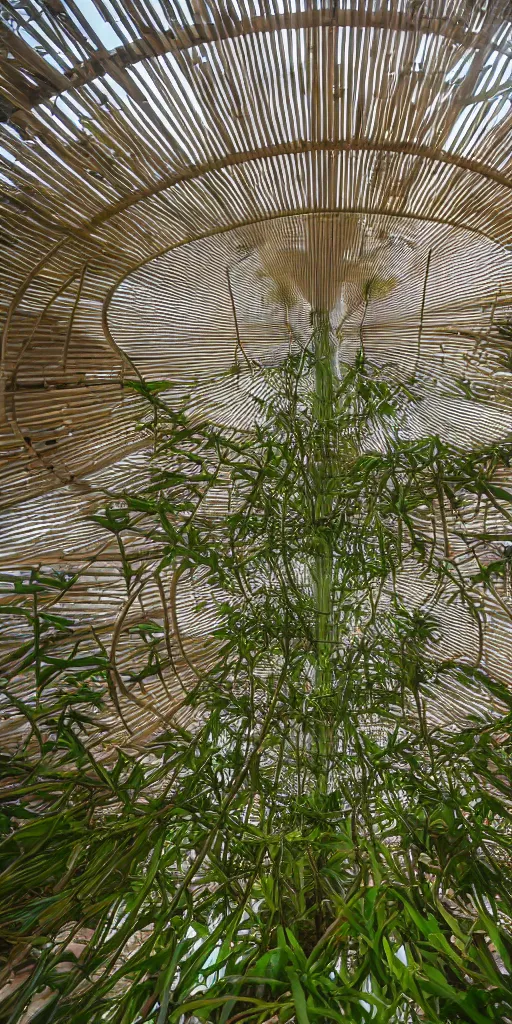 Prompt: inside small pavilion made of bifurcated bamboo. complex curved intersecting vaulted structure. bundled columns branching recursively into roof. futuristic hydroponic garden, concrete floor greenhouse agriculture architectural photography., 4 k, 8 k. volumetric lighting.