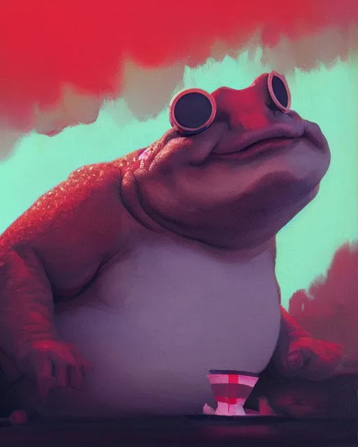 Prompt: hyper realistic oil painting of a fat toad in a 3 d anaglyph glasses eat popcorn, vibrant colors, high contrast, by greg rutkowski, trending on artstation