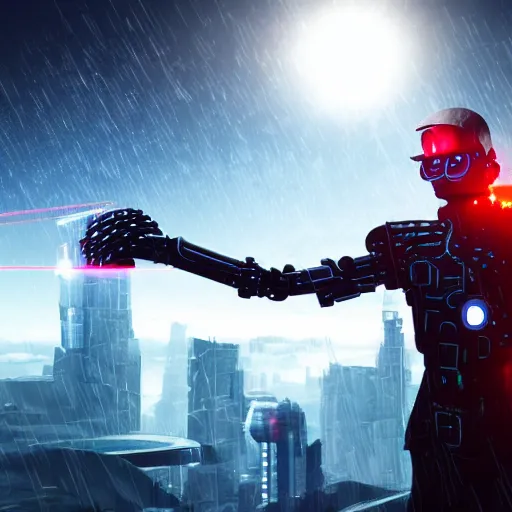 Prompt: cyberpunk man that is half a robot in half a human flesh his left eye is a red glowy eyes it's made of metal the man is holding a laser gun standing on a mountain the background is is a cyberpunk city the weather is raining