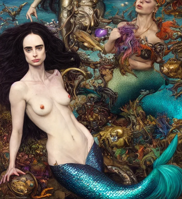 Prompt: a portrait photograph of a meditating fierce krysten ritter as a colorful mermaid super hero with scaled skin. she has many skin grafts and cyborg body modifications. by donato giancola, hans holbein, walton ford, gaston bussiere, peter mohrbacher and brian froud. 8 k, cgsociety