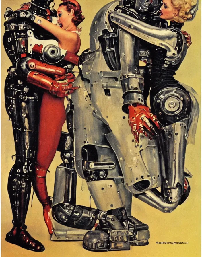 Prompt: a female housewife being hugged by a manly metal - suited robot 1 9 5 0 s horror film movie poster style norman rockwell oil painting, cohesive