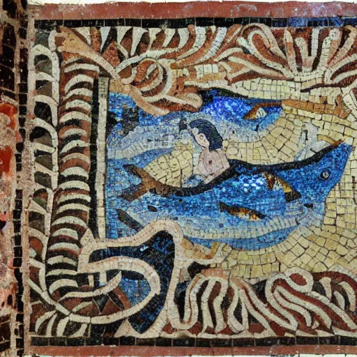 Image similar to roman mosaic of sea with fish and mermaid on a cave wall