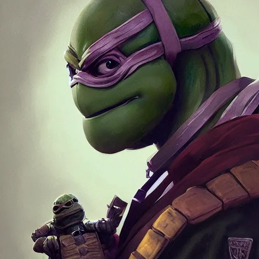 Prompt: portrait painting of a system administrator teenage mutant ninja turtle donatello, building computers, painted by greg rutkowski, dishonored 2