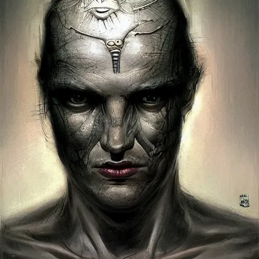 Image similar to surreal portrait of a man by Greg Rutkowski and H.R Giger, symmetrical face, he is about 30 years old, west slav features, short blonde hair with bangs, attractive, smart looking, slim, somewhat androgenic, transformed into a kind of biomechanical transhuman god, disturbing, terrifying but fascinating, with a determined and sinister expression on his face, cosmic void background, frightening, fascinating, highly detailed portrait, digital painting, book cover, artstation, concept art, smooth, sharp foccus ilustration, Artstation HQ