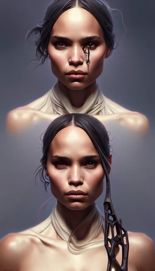 Image similar to symmetry!! zoe kravitz, machine parts embedded into face, intricate, elegant, highly detailed, digital painting, artstation, concept art, smooth, sharp focus, illustration, art by artgerm and greg rutkowski and alphonse mucha, 8 k