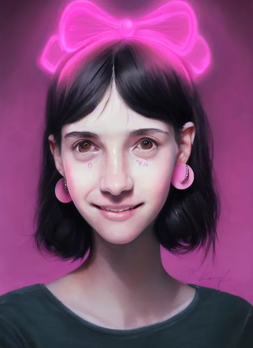 Image similar to portrait of teenage girl, realistic, black hair, bangs, half updo hairstyle, pointy nose, skinny, smile, ugly, defined jawline, big chin, pink hair bow, earrings, intricate, elegant, glowing lights, highly detailed, digital painting, artstation, sharp focus, illustration, art by wlop, mars ravelo and greg rutkowski