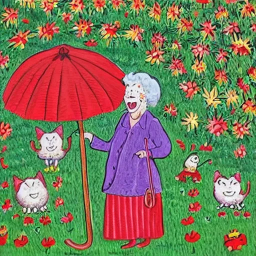 Prompt: an old lady is very excited about an umbrella in her back yard, in the style of Louis wain